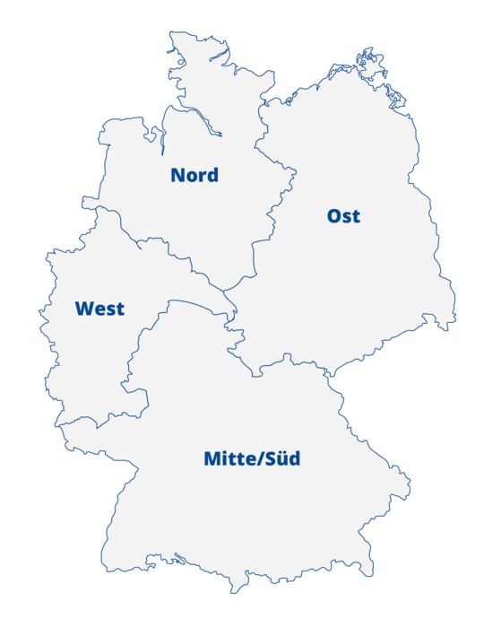 Landkarte Deutschlands mit den vier Regionen