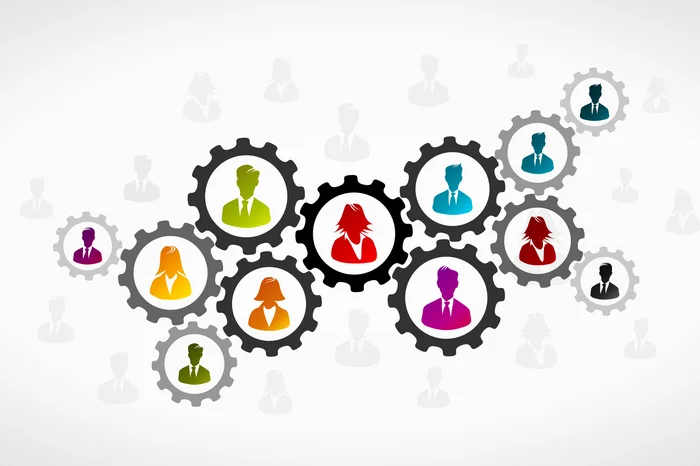 Stilisierte Profilbilder in verbindenden Zahnrädern