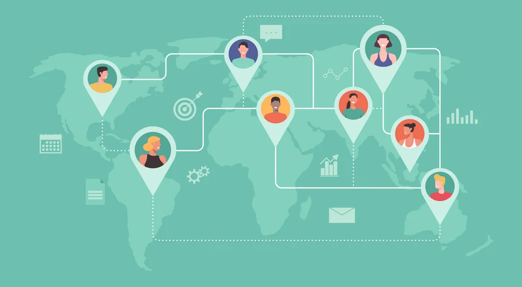 Grafik einer Weltkarte mit mehreren Personen-Symbolen, die durch Linien verbunden sind.