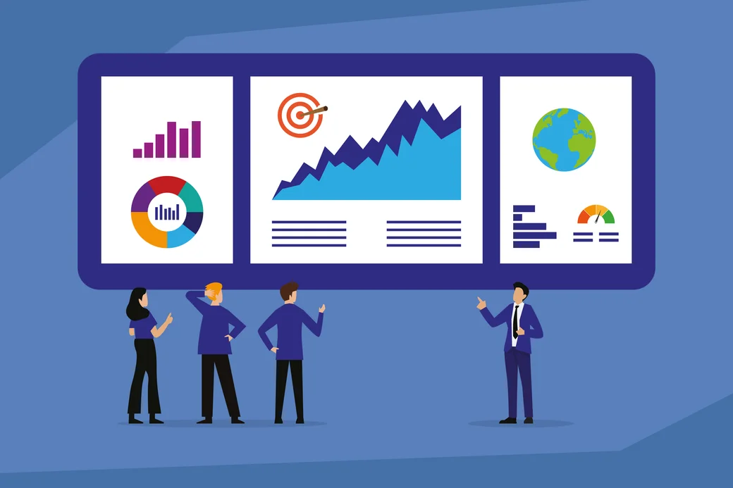 Mehrere Personen, das ein riesiges Dashboard mit Diagrammen und Grafiken analysiert.